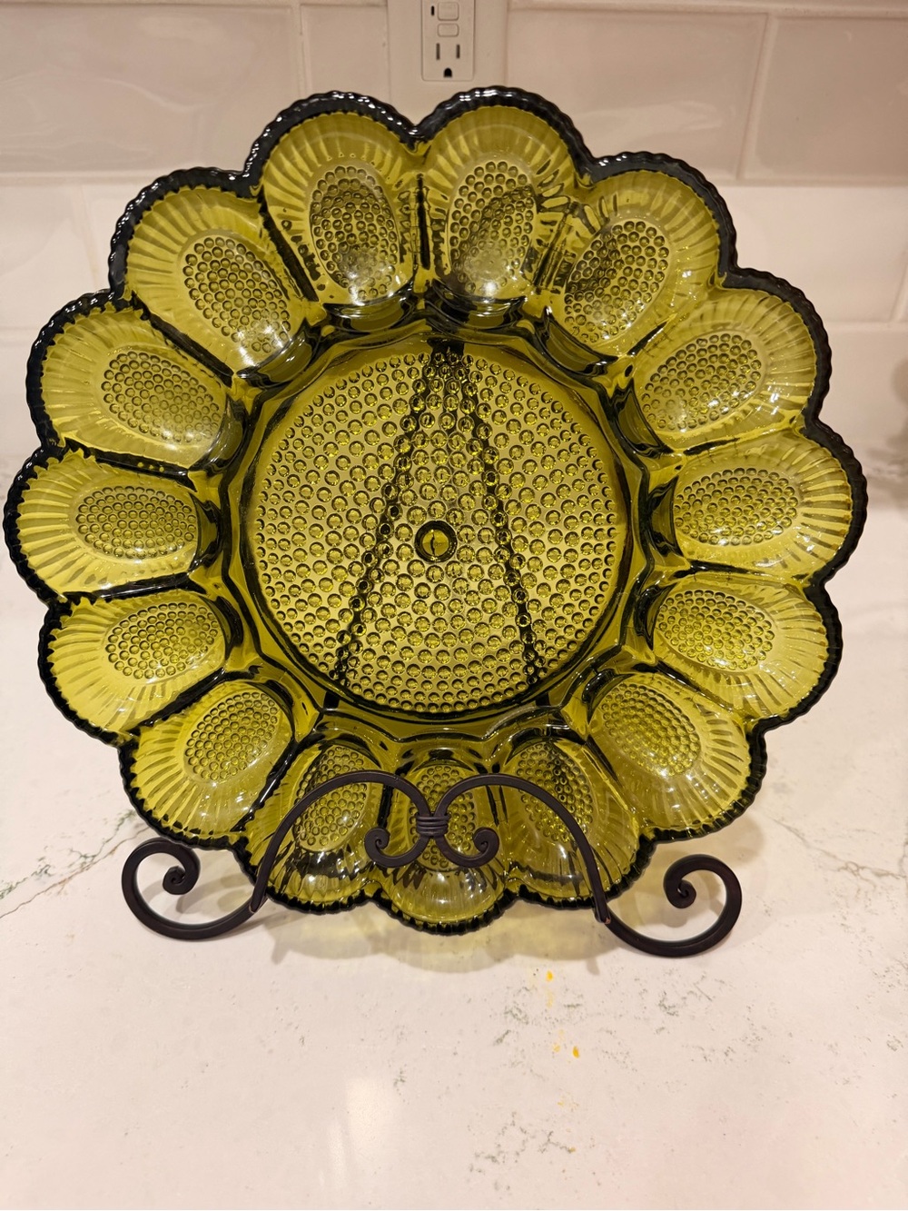 Vintage Indiana Glass Olive Green Hobnail Deviled Egg Dish Tray MCM 15 Egg